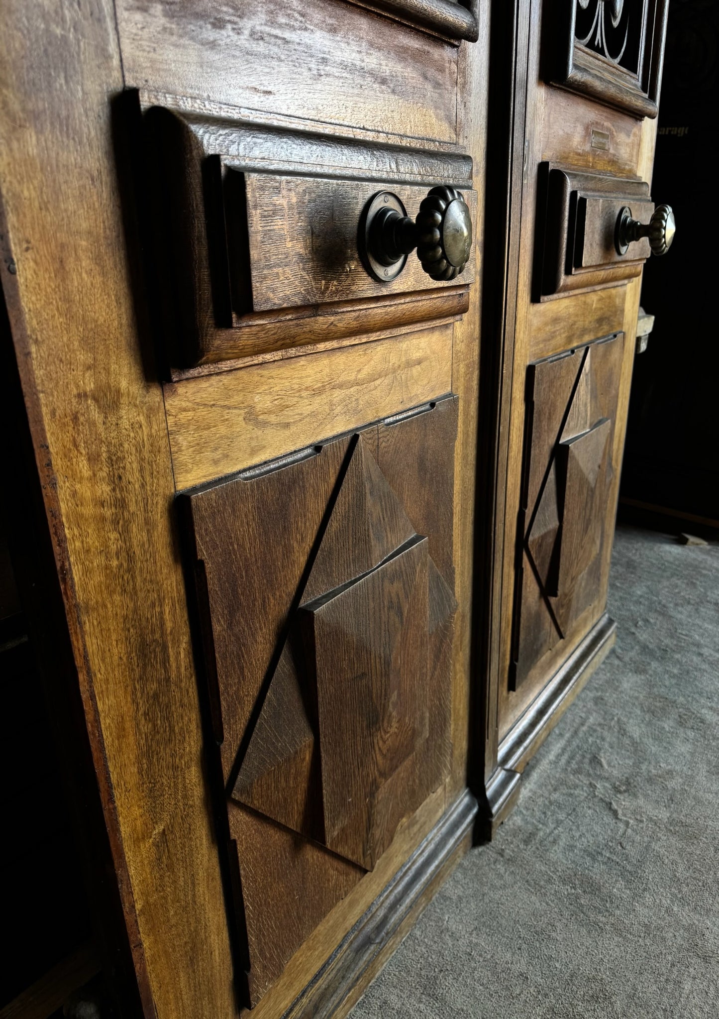 French Iron & Glass Antique Double Doors with Parquet Panels - 57x112.5 - L272