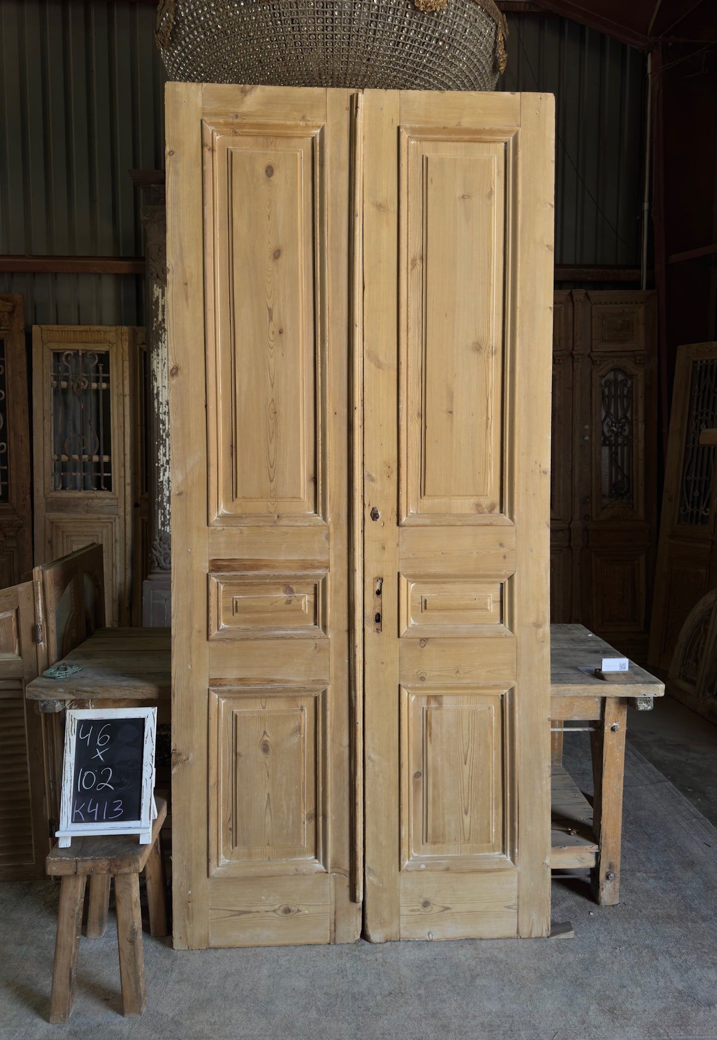 Raised Molding 3 Panel Antique Solid French Doors - 46x102 K413