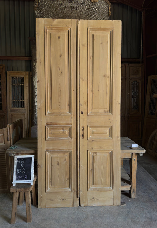 Raised Molding 3 Panel Antique Solid French Doors - 46x102 K413
