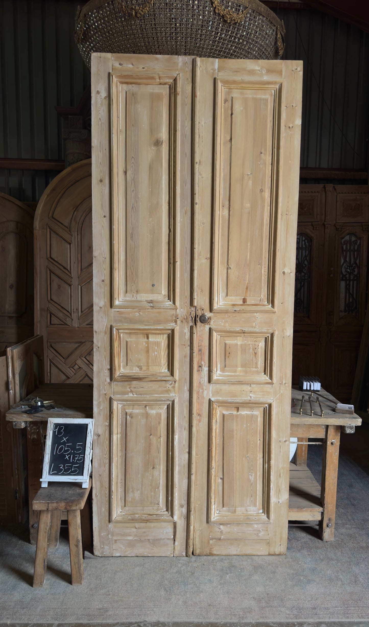 Raised Molding 3 Panel Antique Solid French Doors - 43x105.5 - L355