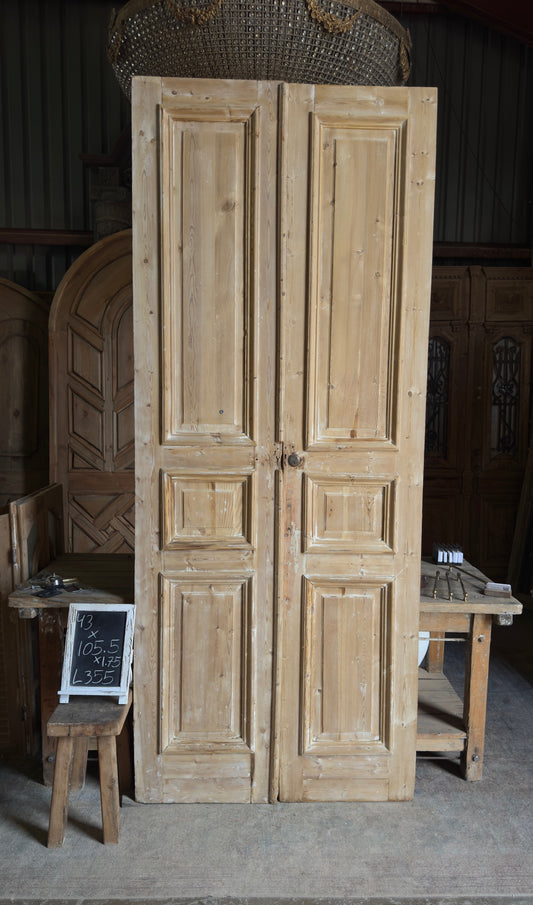 Raised Molding 3 Panel Antique Solid French Doors - 43x105.5 - L355