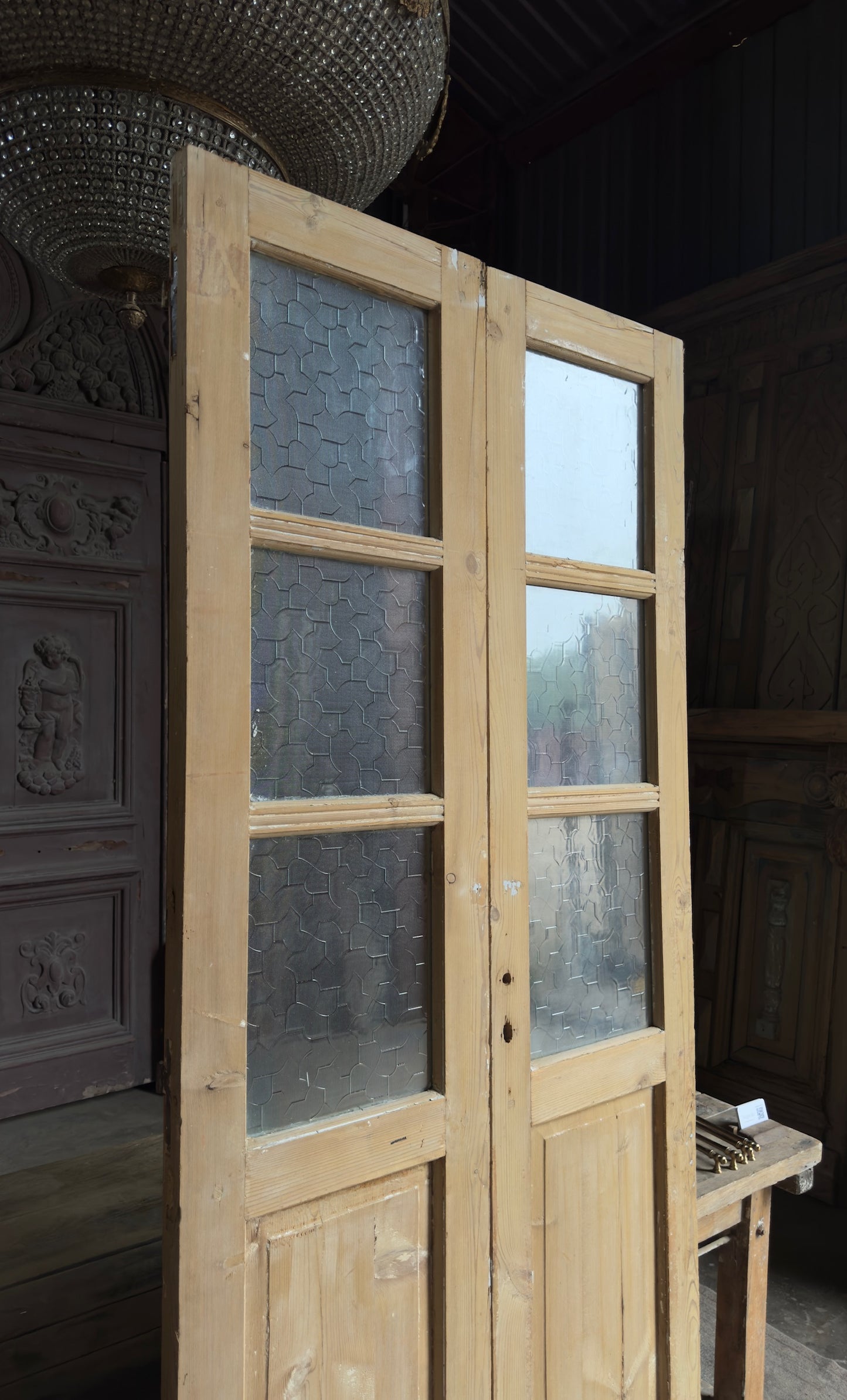 Antique Obscured Glass 3 Lite French Doors - 38x92 - L554