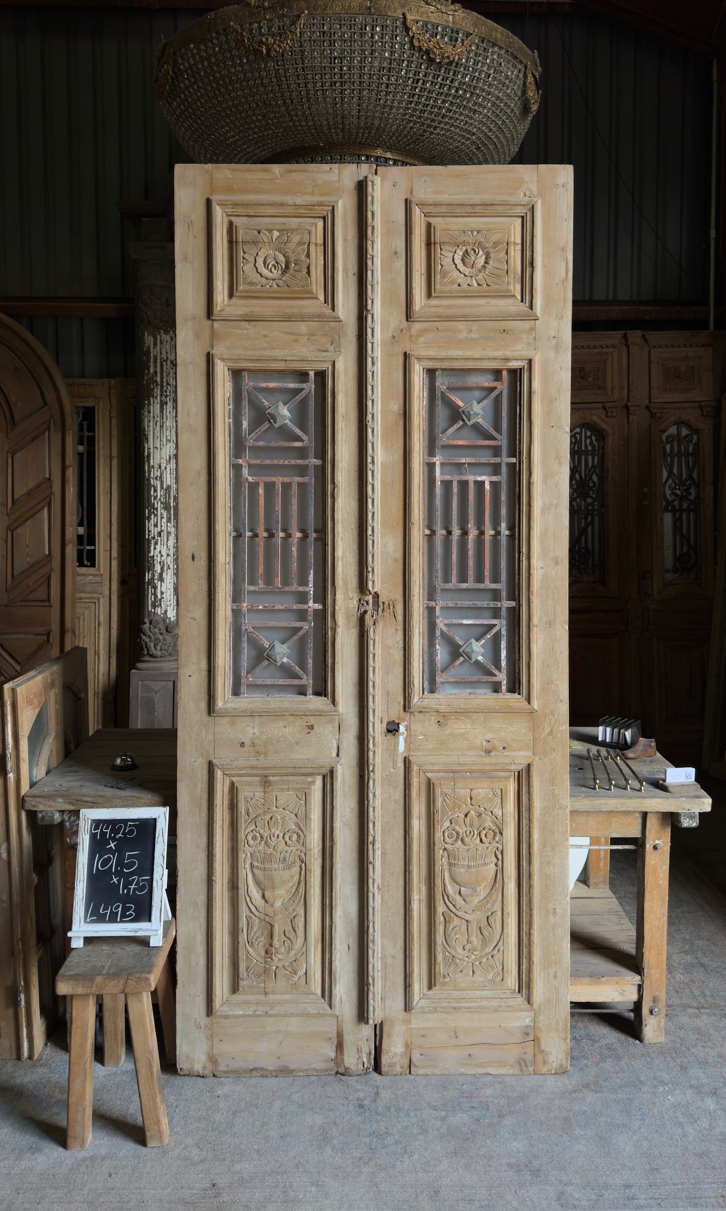 Carved Antique Iron French Doors - 44.25x101.5 - L493