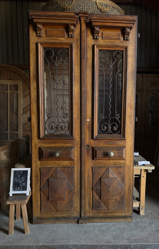 French Iron & Glass Antique Double Doors with Parquet Panels - 57x112.5 - L272
