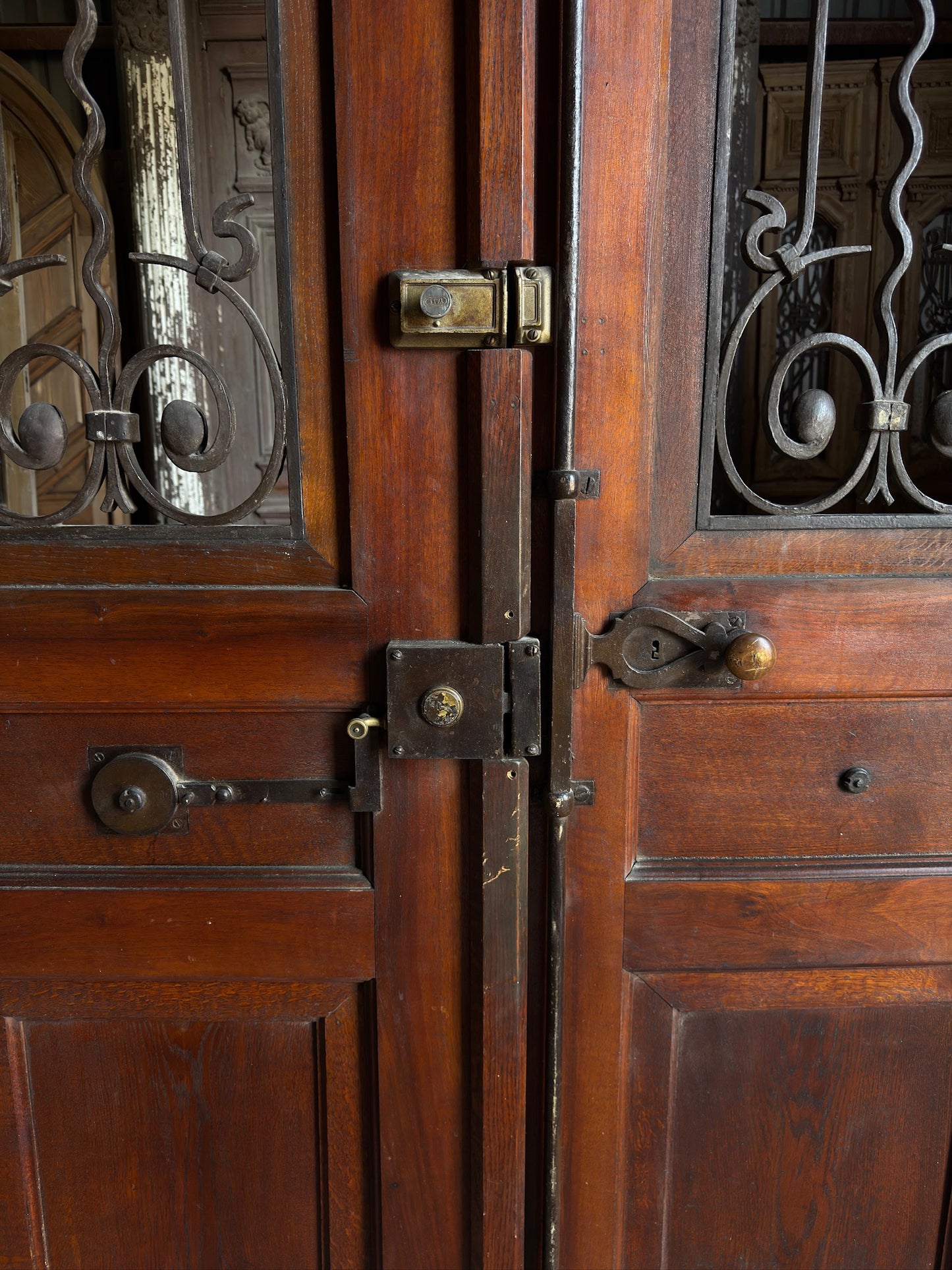 French Iron & Glass Antique Double Doors with Parquet Panels - 57x112.5 - L272