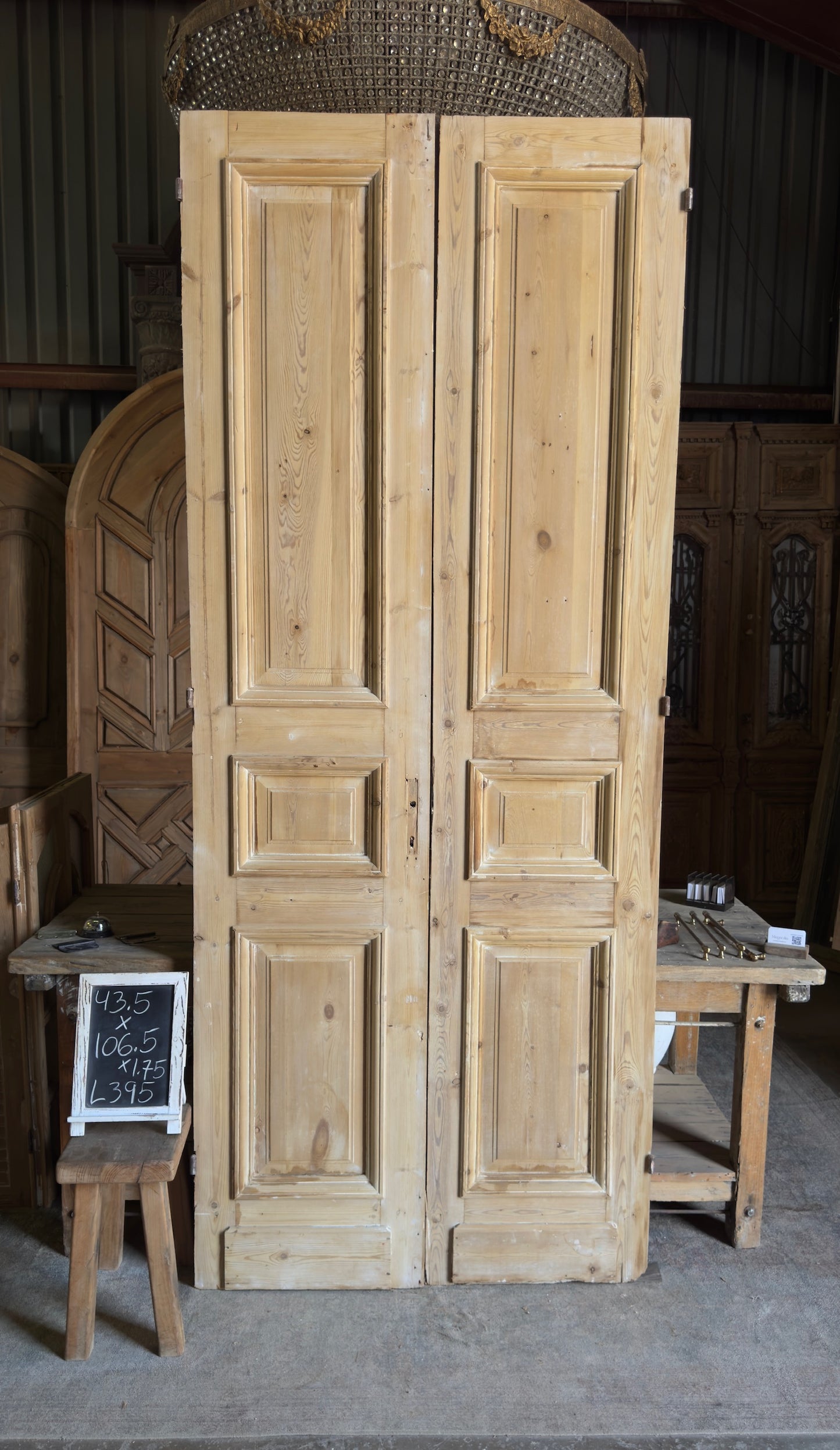 Raised Molding 3 Panel Antique Solid French Doors - 43.5x106.5 - L395