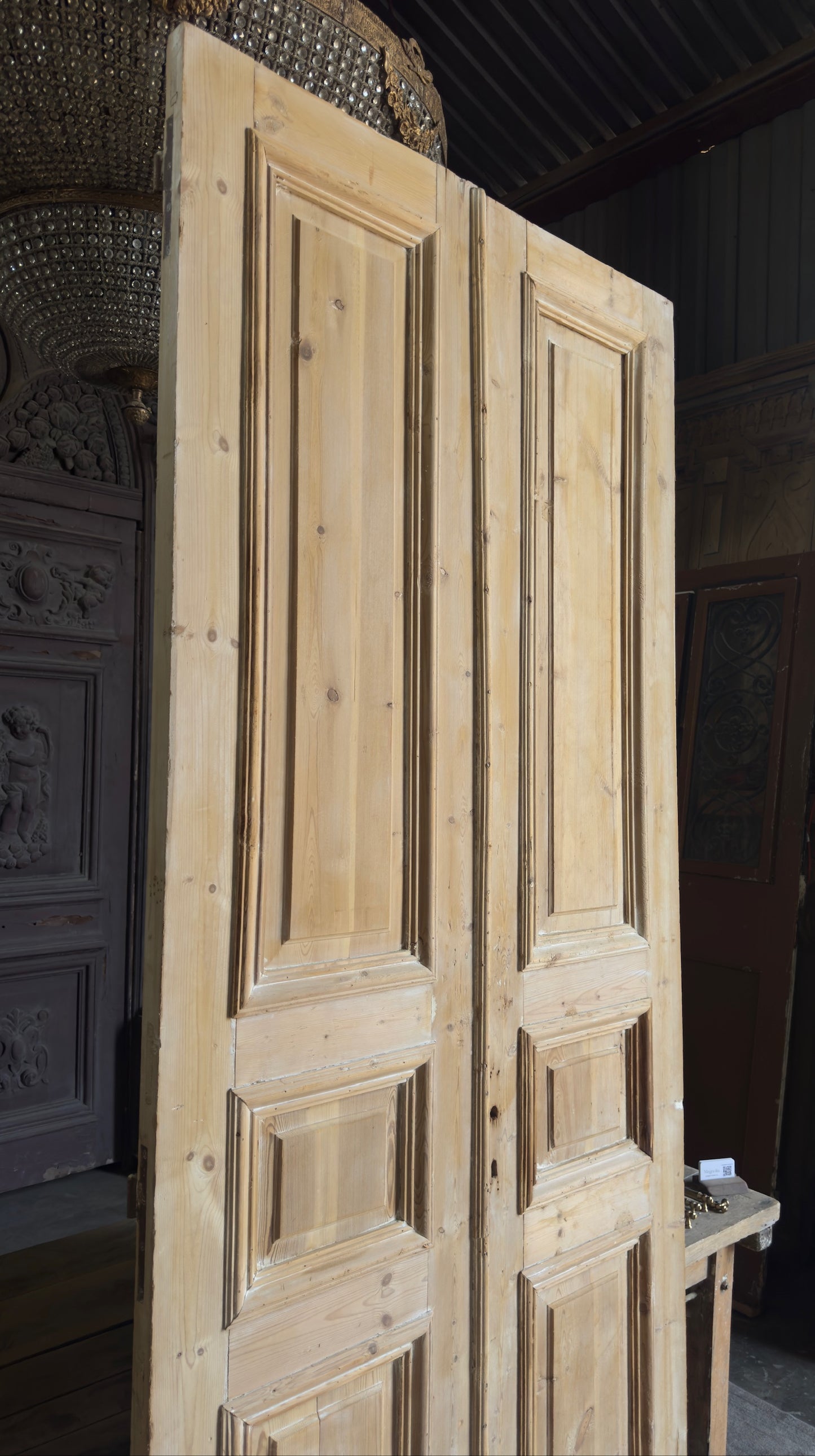 Raised Molding 3 Panel Antique Solid French Doors - 43.5x106 - L394