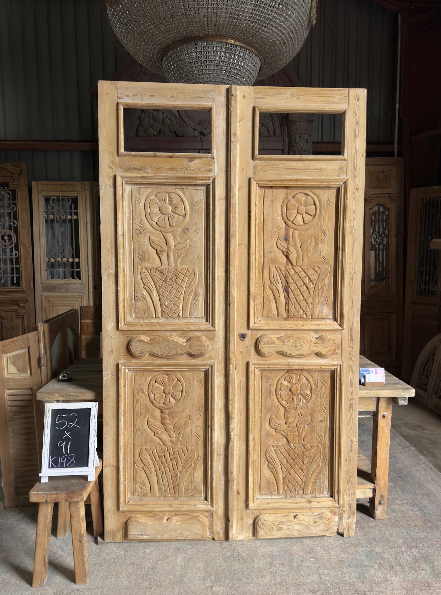 Flower Carved Antique French Doors - 52x91 K198