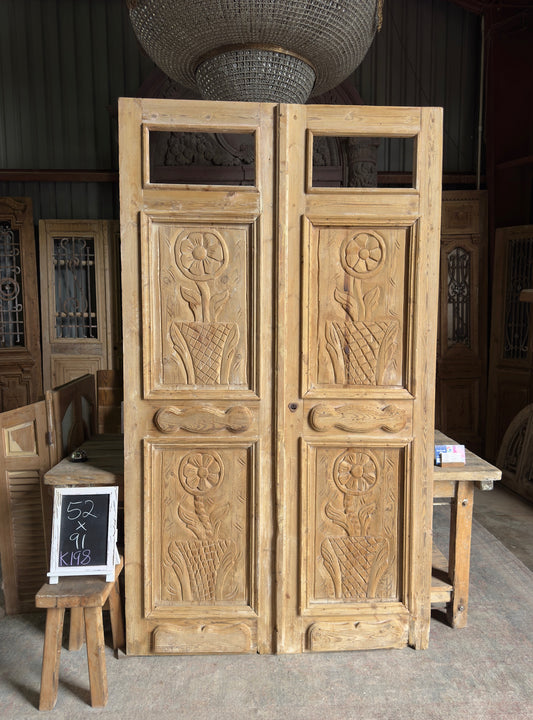 Flower Carved Antique French Doors - 52x91 K198