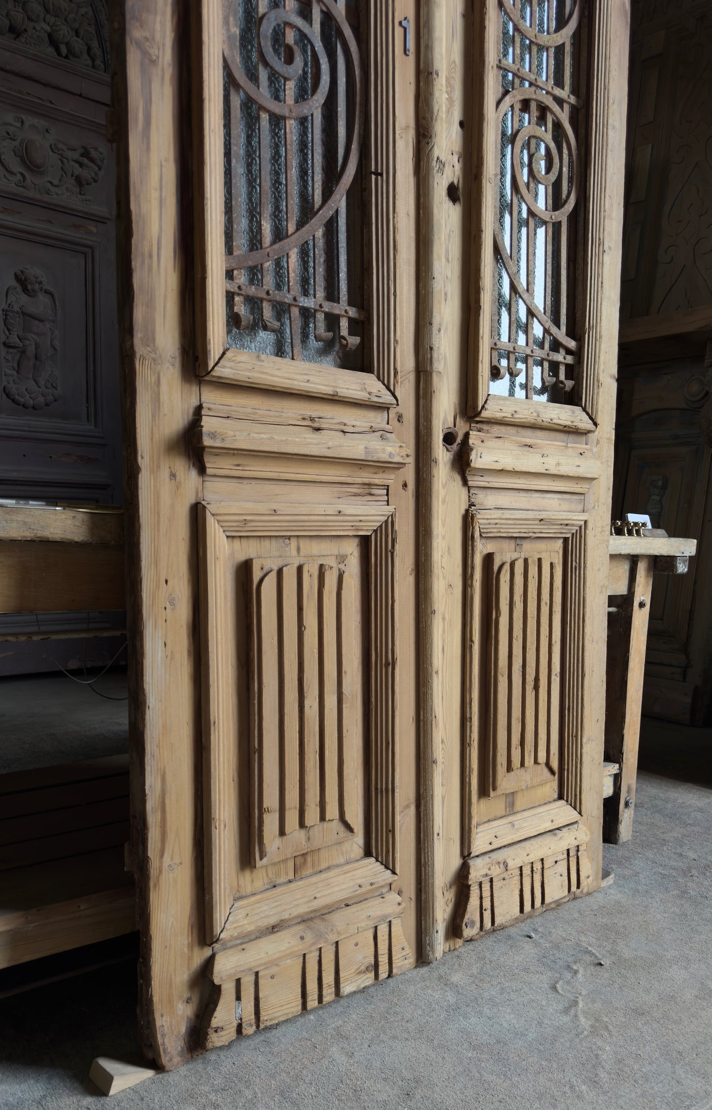 Antique Carved 2 Lite French Doors - 42.5x92.5 - L549