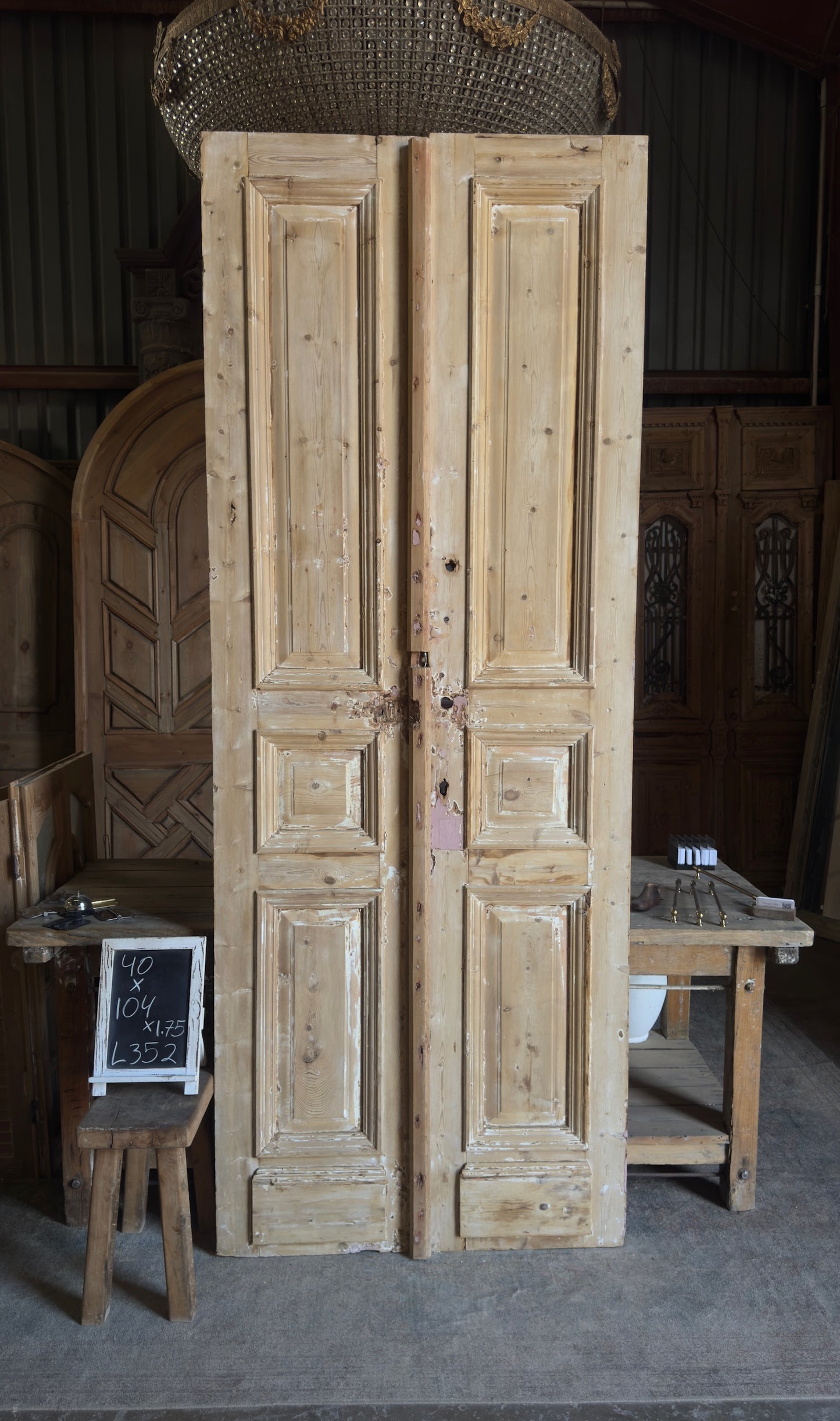 Raised Molding 3 Panel Antique Solid French Doors - 40x104 - L352