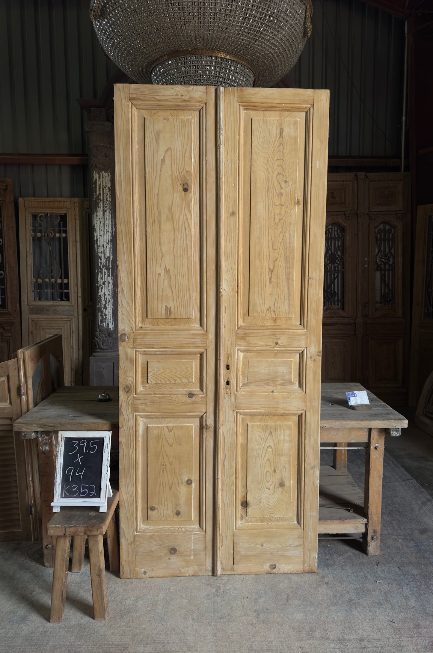 3 Panel Antique Solid French Doors - 39.5x94 K352