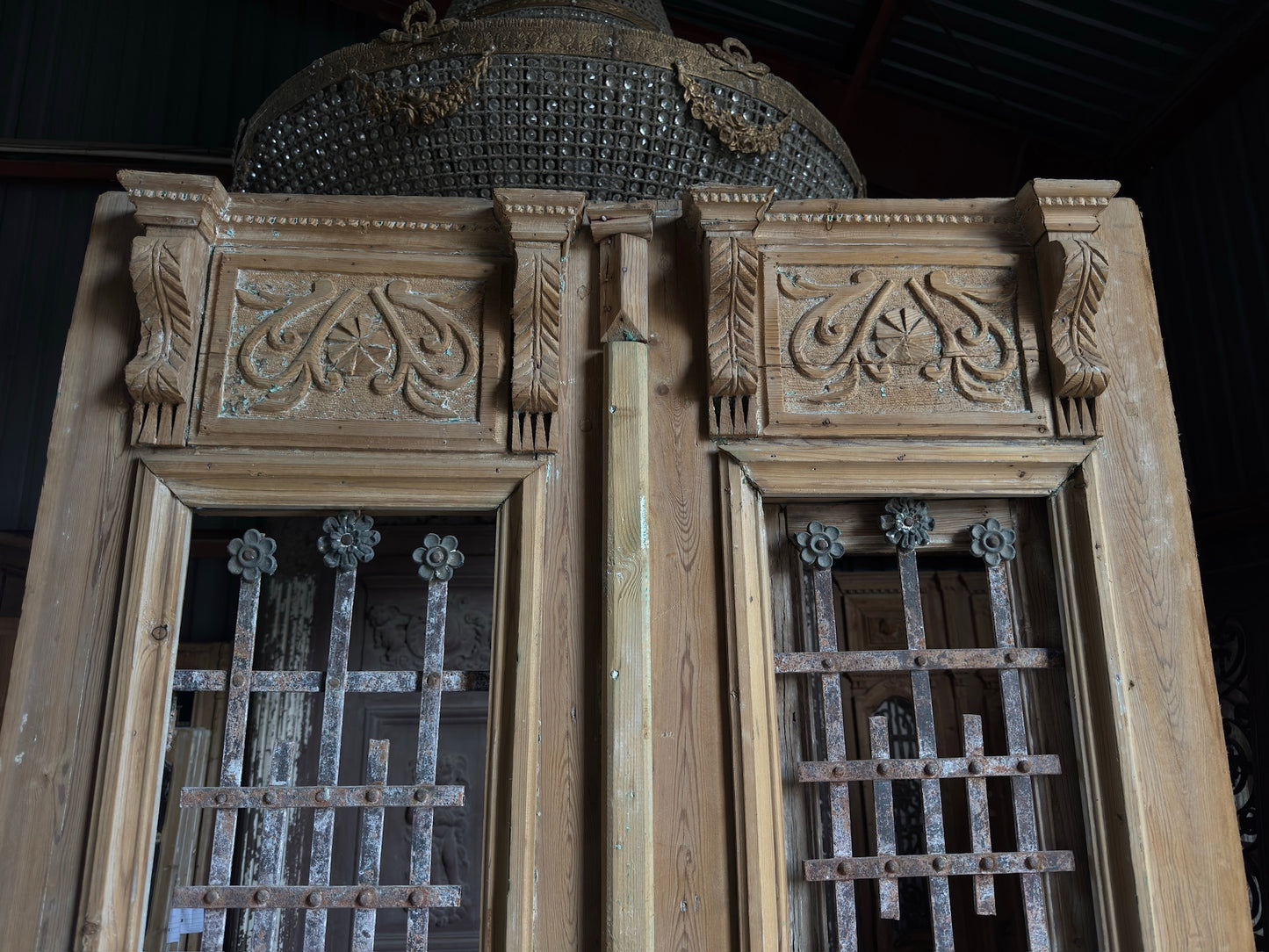 Antique Carved 4 Lite French Doors - 46.75x105 - L658