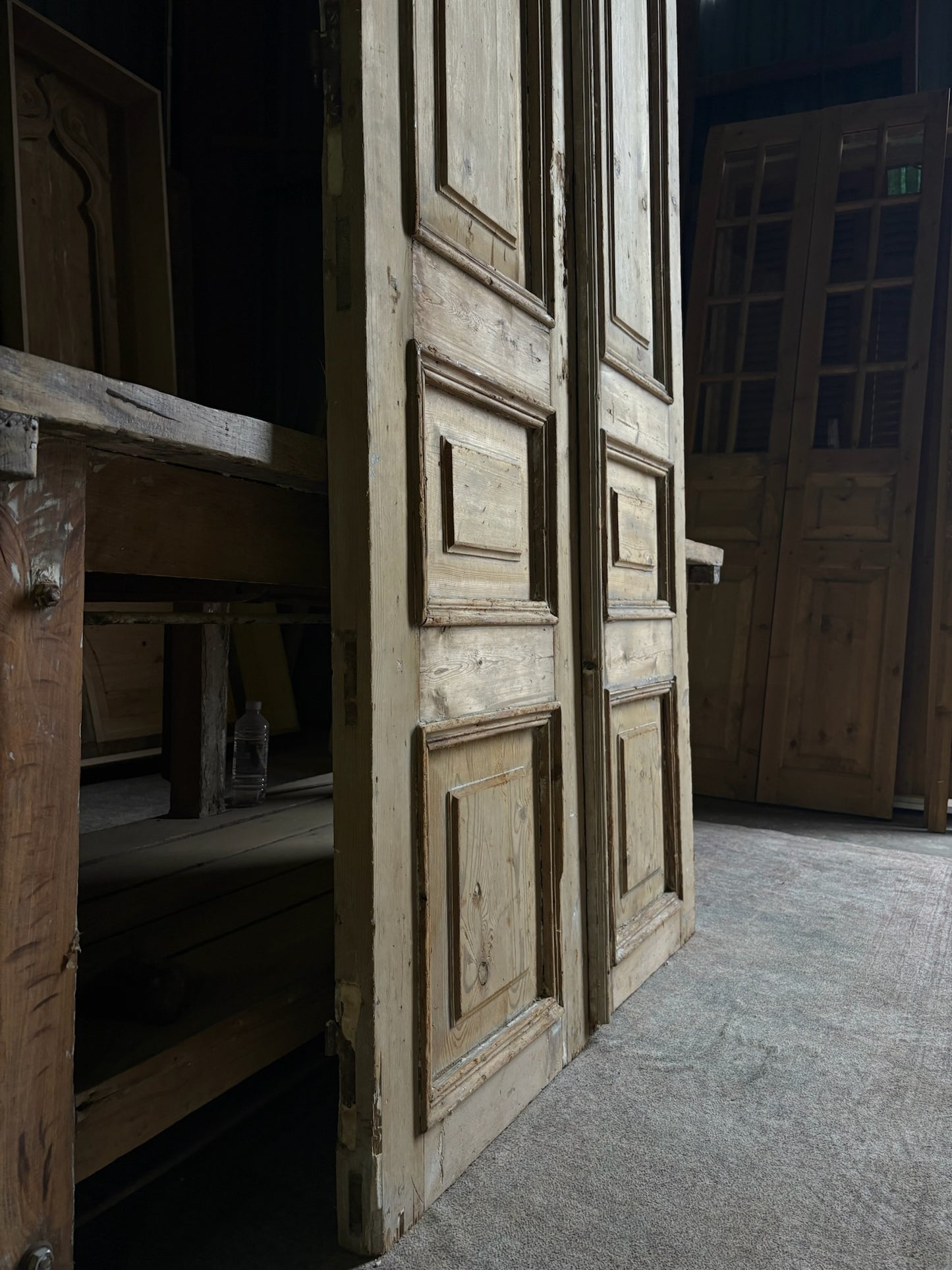 Raised Molding 3 Panel Antique Solid French Doors - 43.25x89 - L88