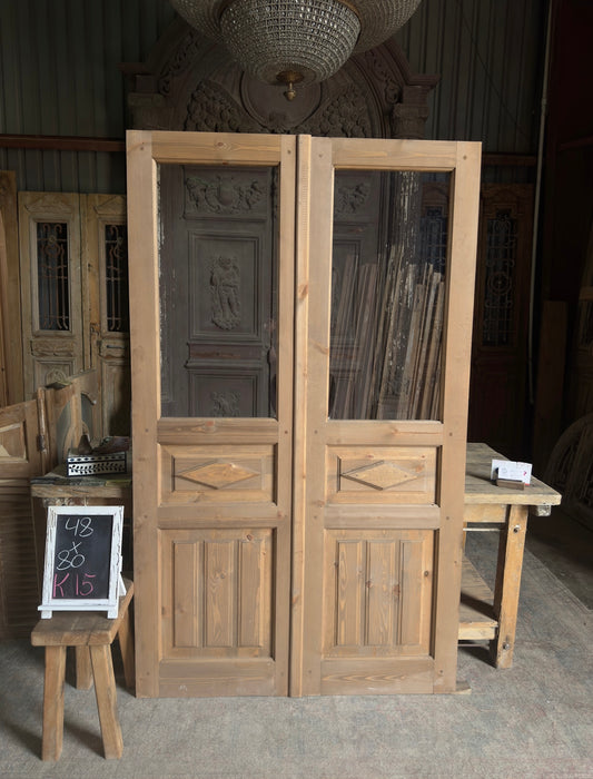 Glass Carved Baltic Pine French Doors - 48x80 K15