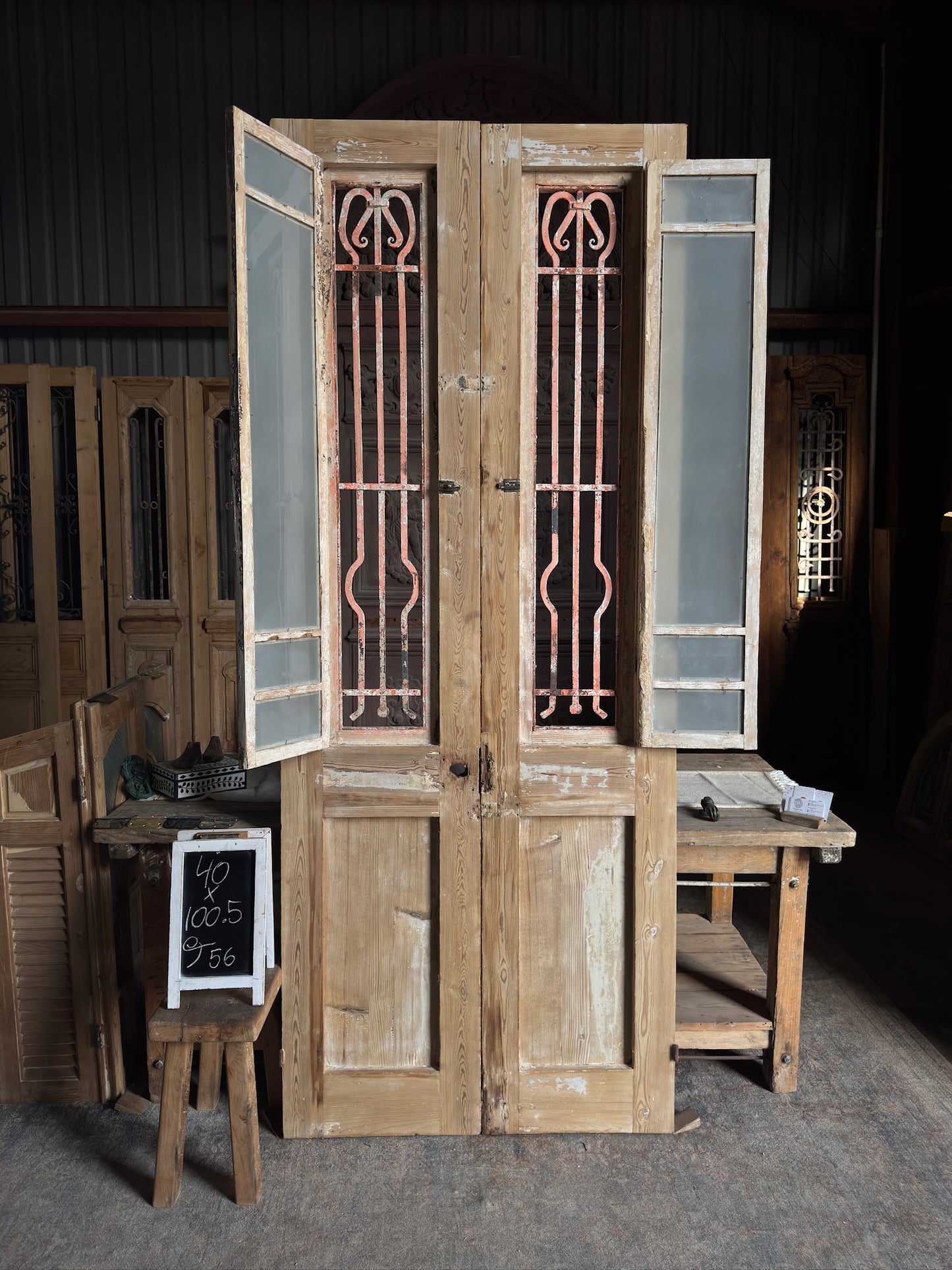 Tall Antique Iron French Double Doors - 40x100.5 J56