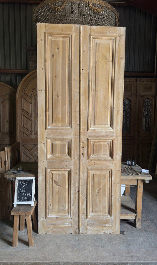 Raised Molding 3 Panel Antique Solid French Doors - 43.5x106 - L394