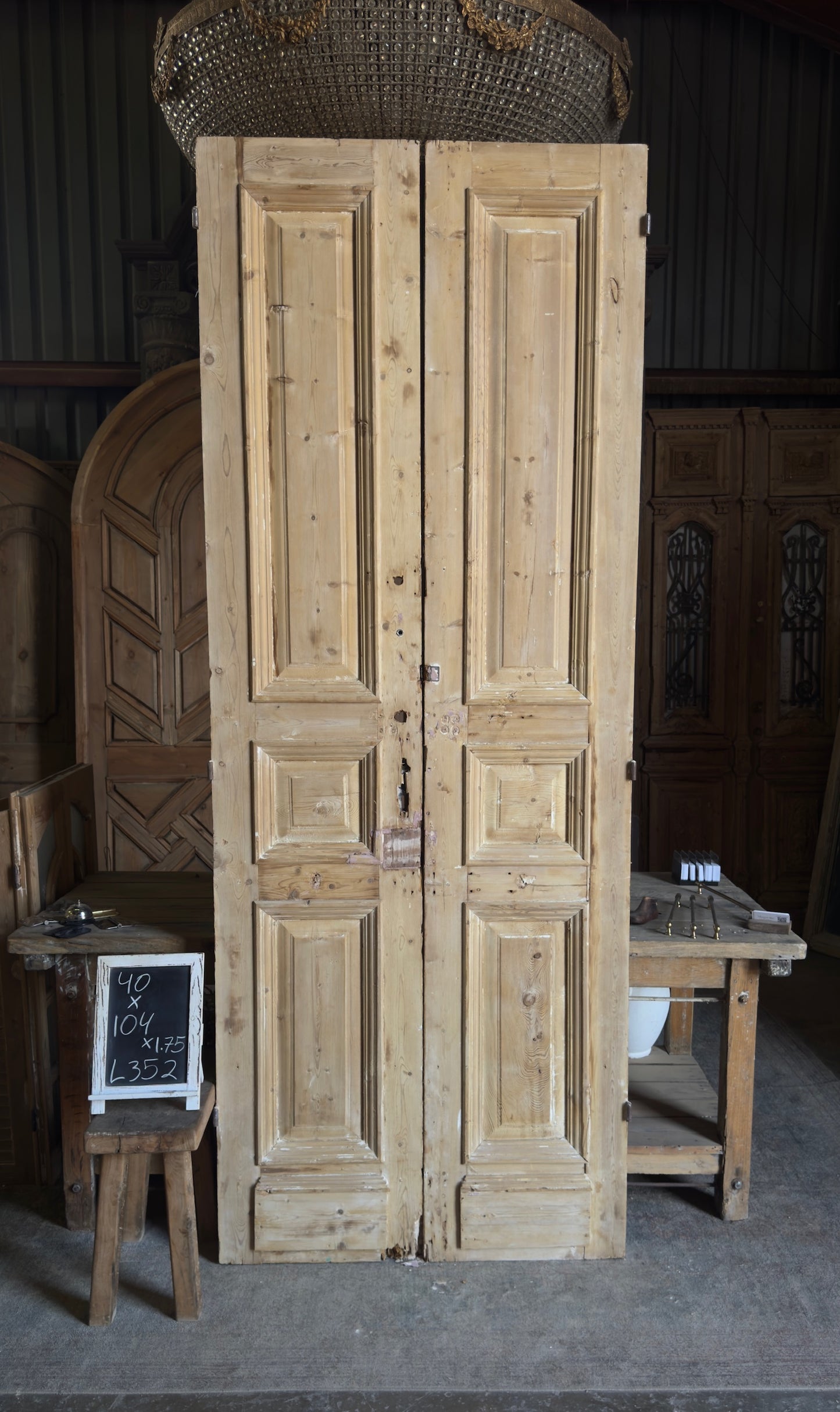 Raised Molding 3 Panel Antique Solid French Doors - 40x104 - L352