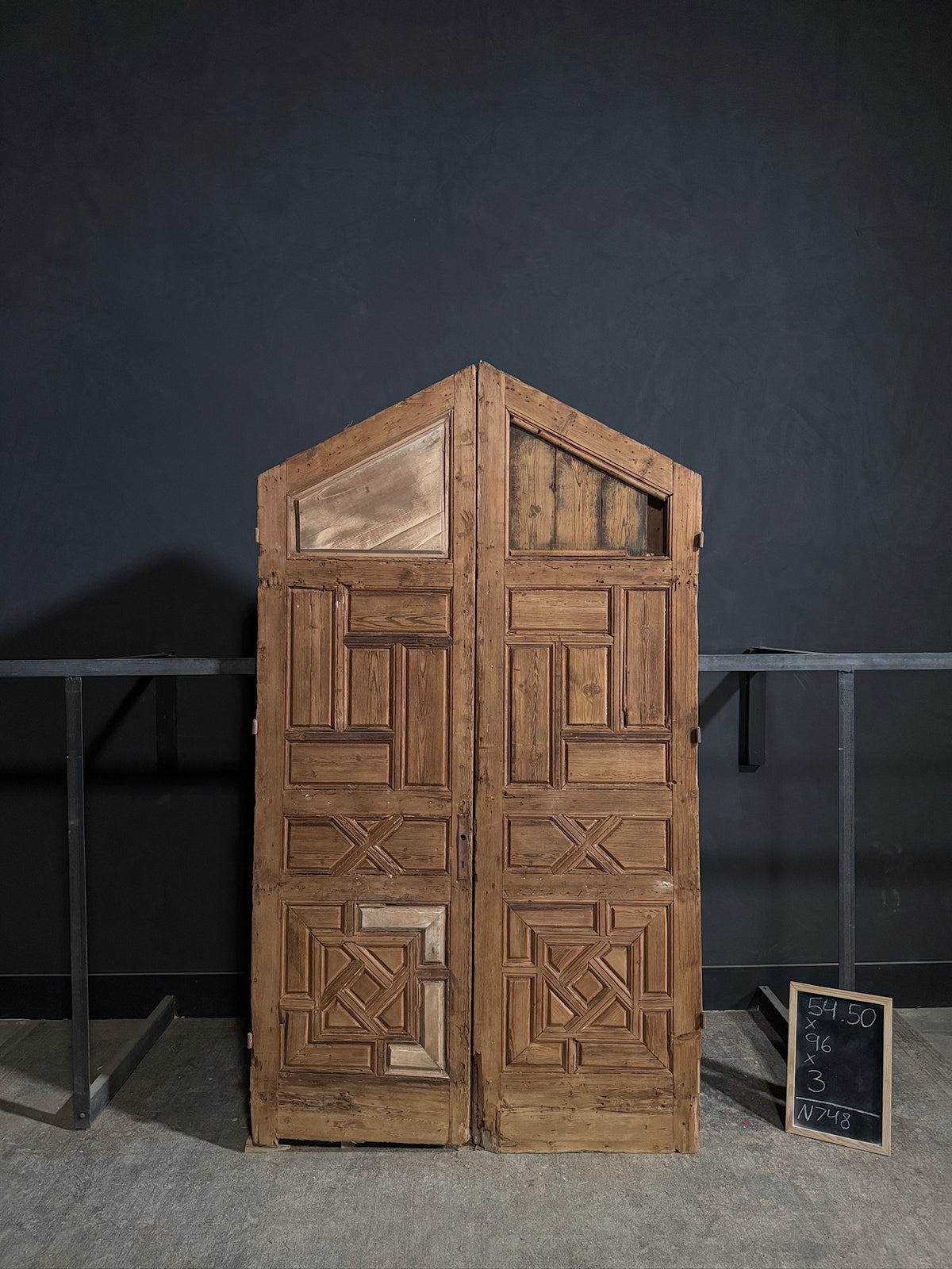 Antique Gothic Geometric Paneled Entry Double Doors - 54.5x96 - N748