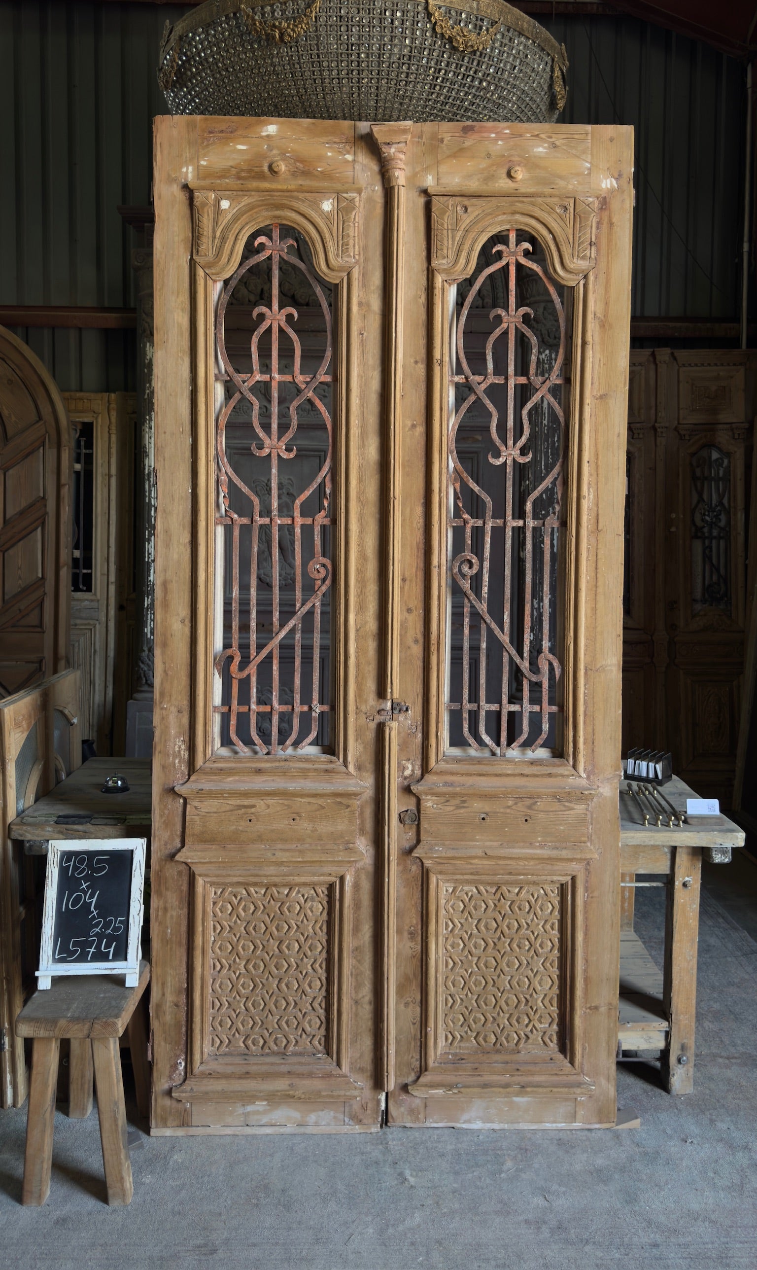 Antique Carved 2 Lite Arched French Doors - 48.5x104 - L574
