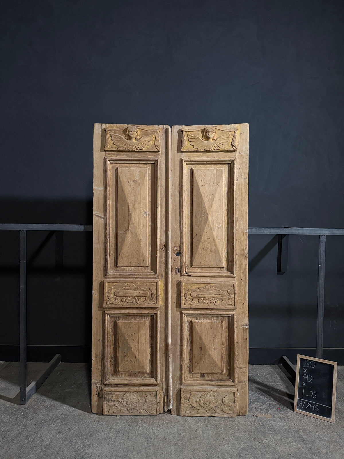 Antique Carved Angel Raised Panel Double Doors - 50x92 - N746