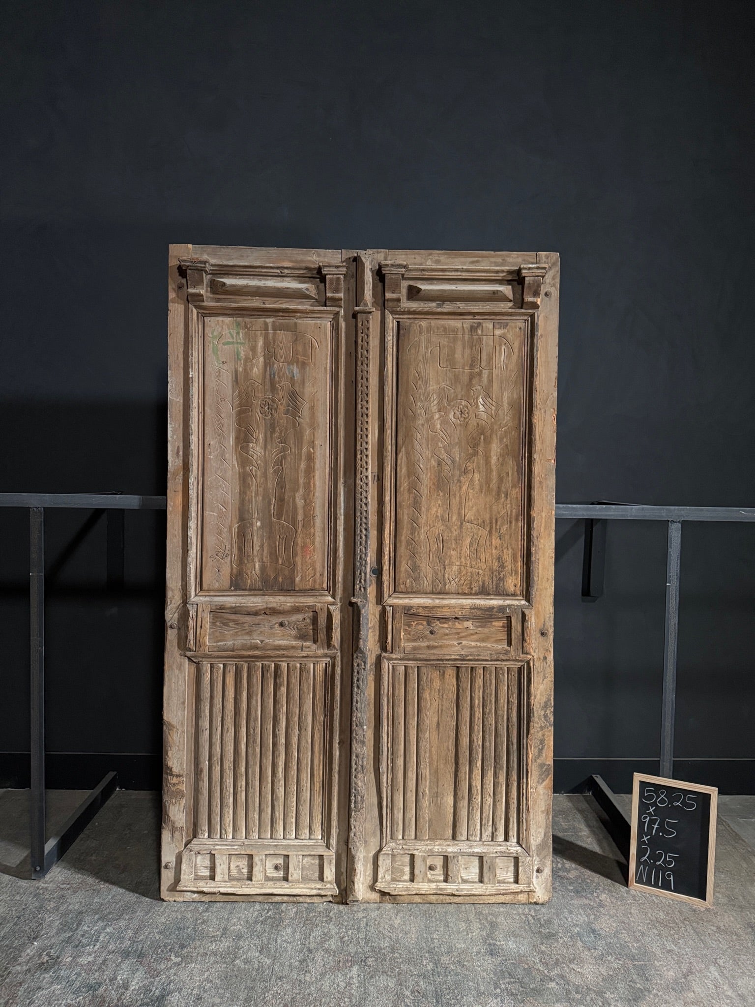 Antique Carved 3 Panel Double Doors - 58.25x97.5 - N119