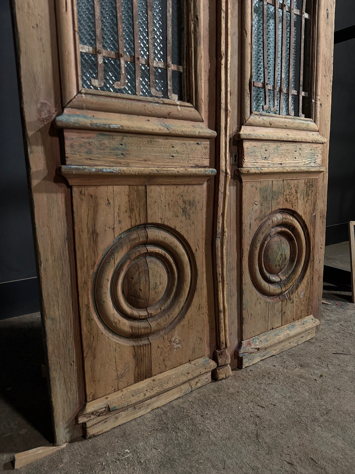 Antique Architectural Scrolled Iron Glass Double Doors - 46.5x92.5 - N750