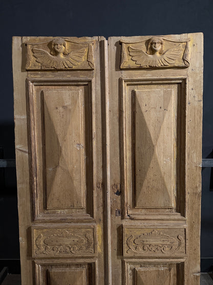 Antique Carved Angel Raised Panel Double Doors - 50x92 - N746