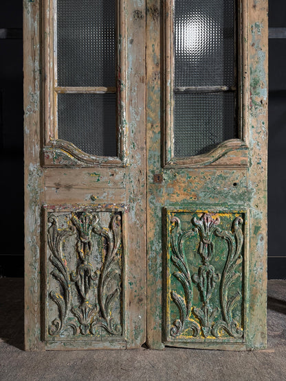 Antique Carved 3 Lite French Doors - 44.5x87.5 - N603
