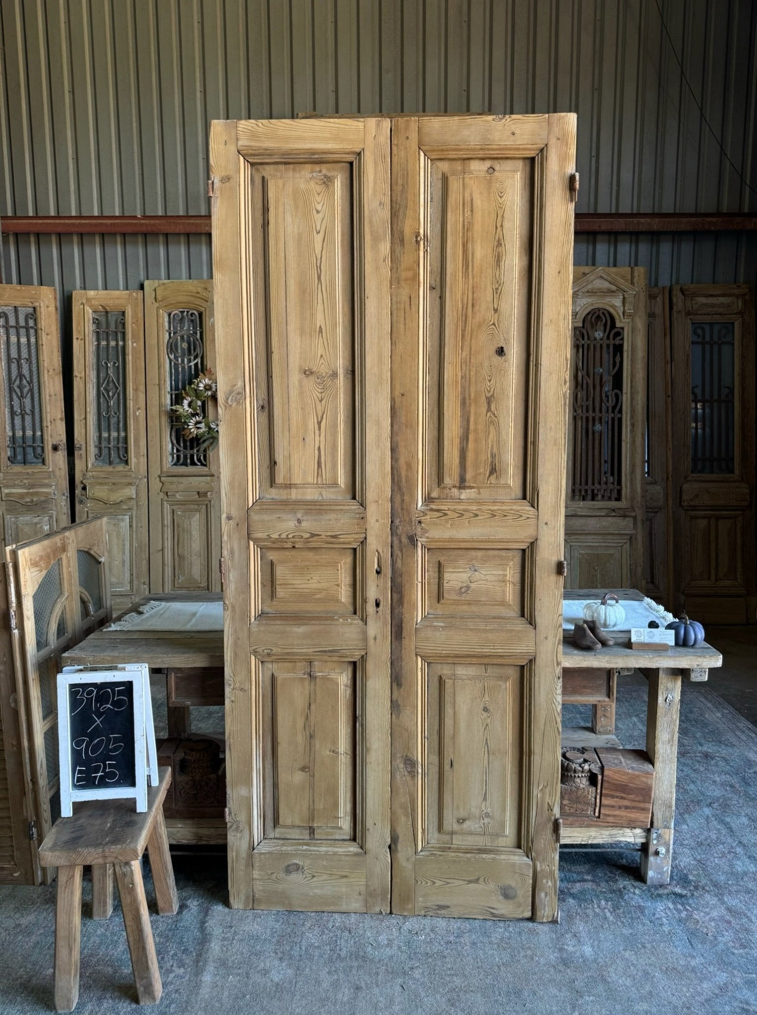 Antique 3 Panel Solid French Panel Doors - 39.25x90.5 E75 - Magnolia Antique Door Co.