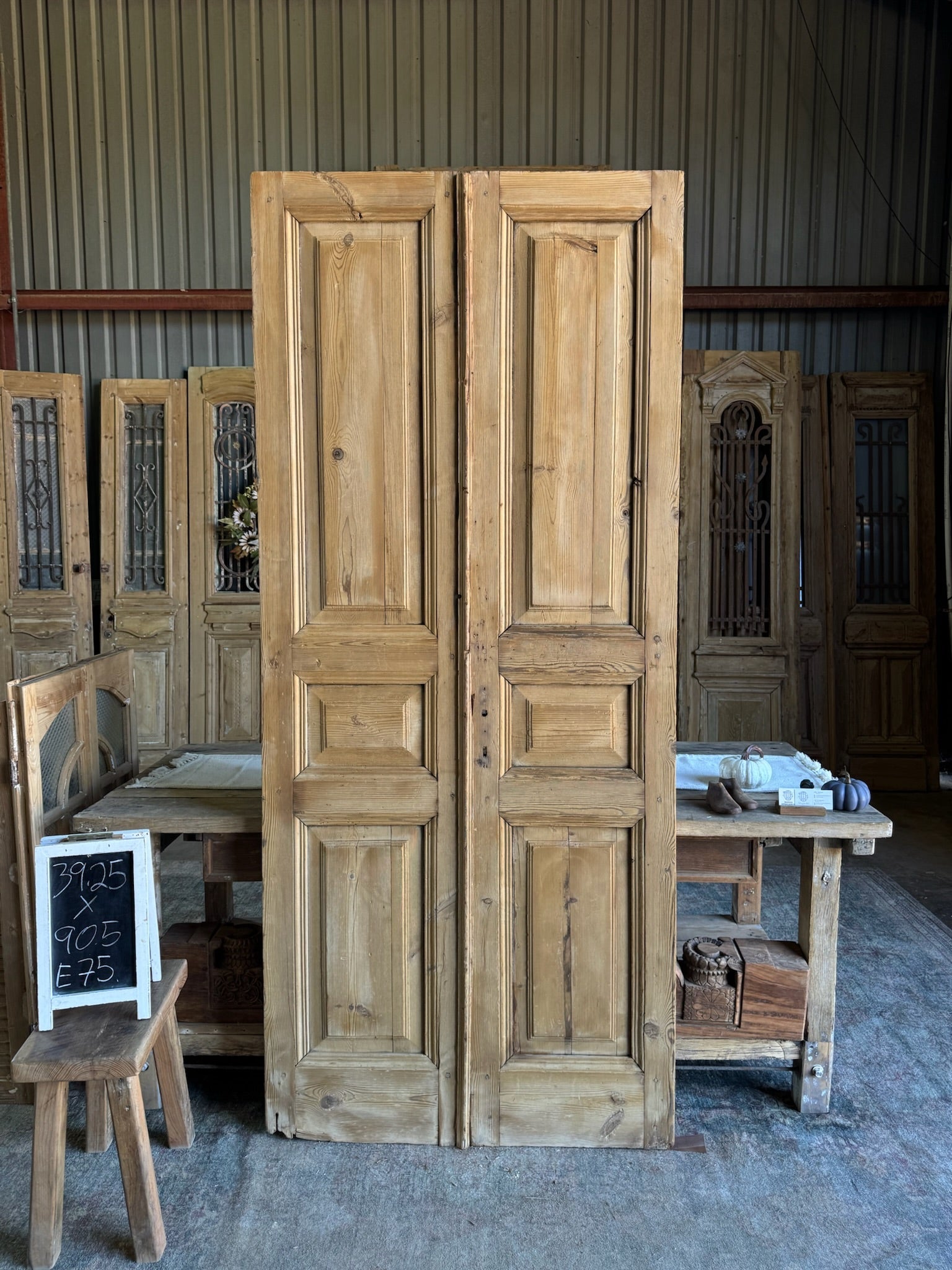 Antique 3 Panel Solid French Panel Doors - 39.25x90.5 E75 - Magnolia Antique Door Co.