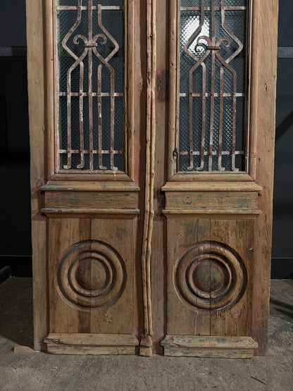 Antique Architectural Scrolled Iron Glass Double Doors - 46.5x92.5 - N750