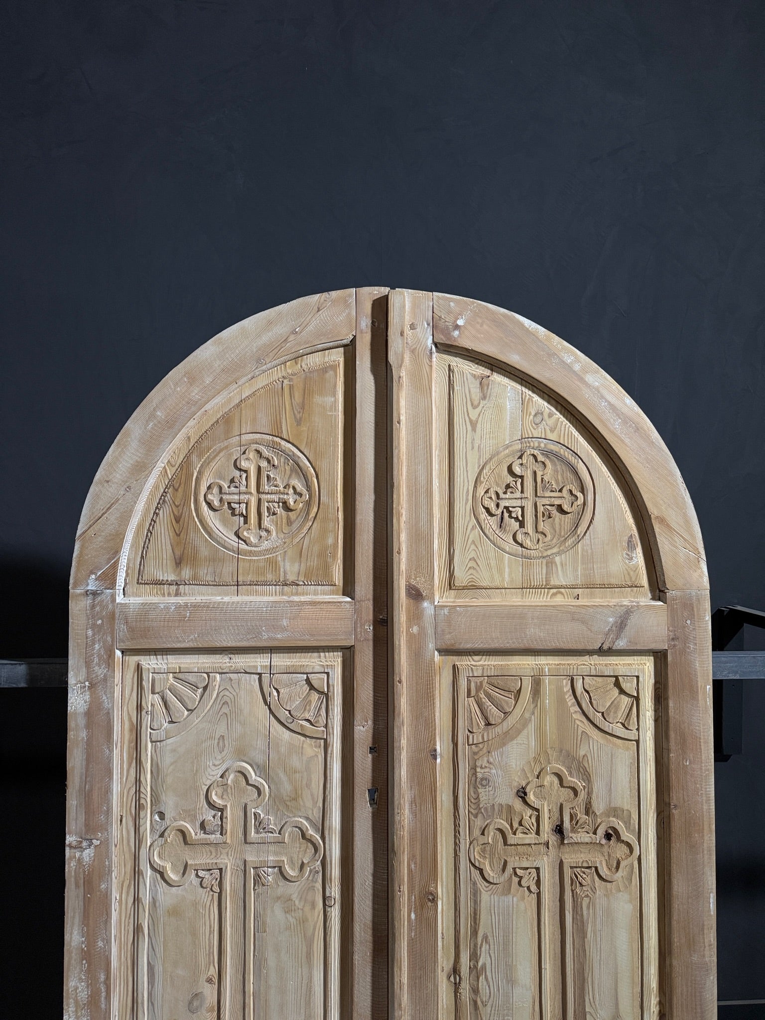 Antique Carved 2 Panel Arched Double Doors - 52x90.5 - N258