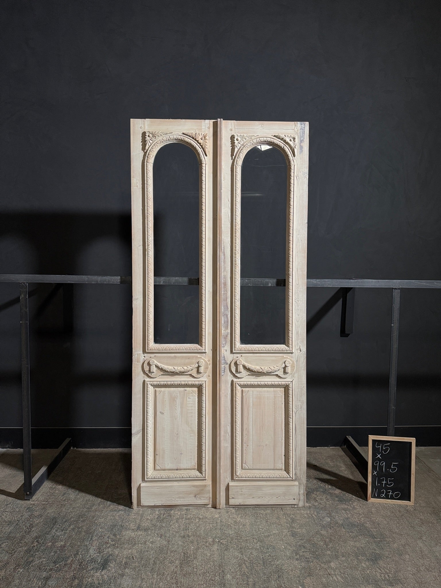 Antique Carved 1 Lite Arched French Doors - 45x99.5 - N270
