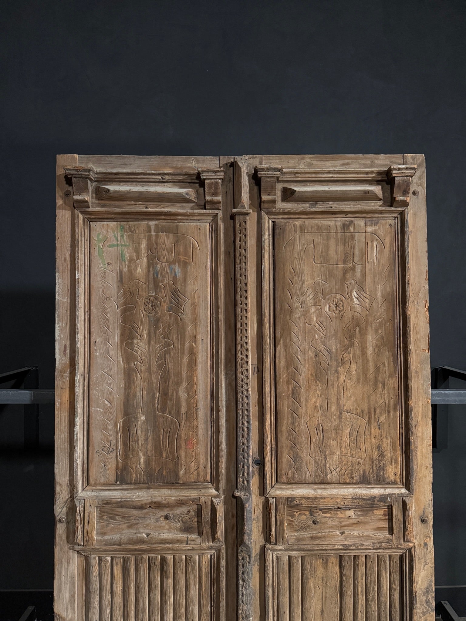 Antique Carved 3 Panel Double Doors - 58.25x97.5 - N119