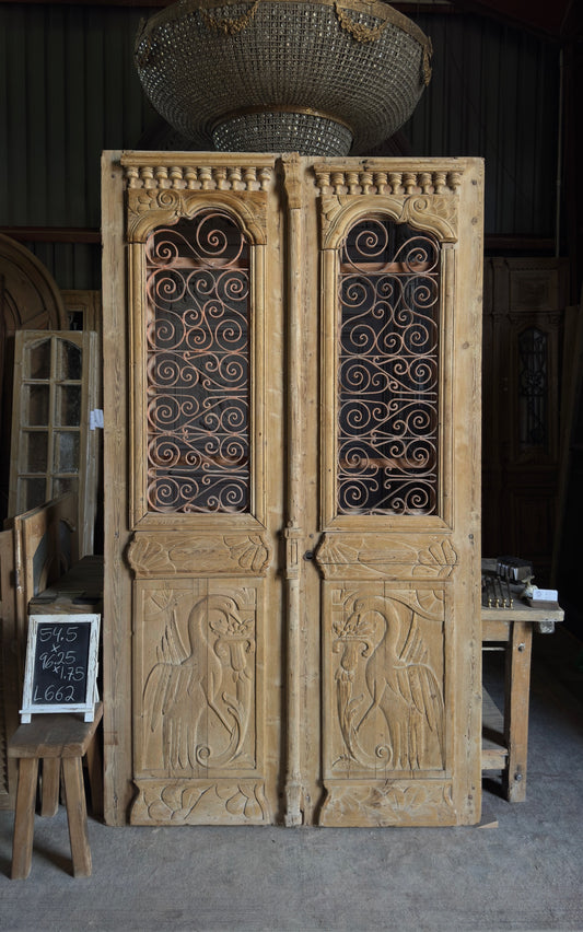 Antique Carved Arched Double Doors - 54.5x96.25 - L662