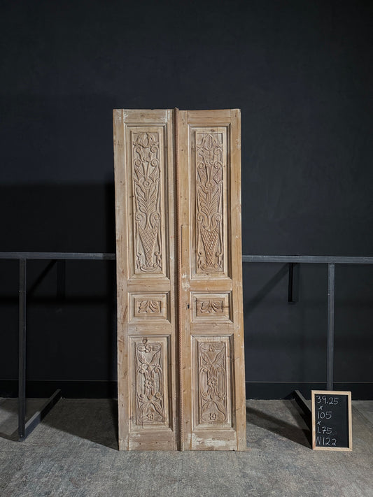 Antique Carved 3 Panel Double Doors - 39.25x105 - N122