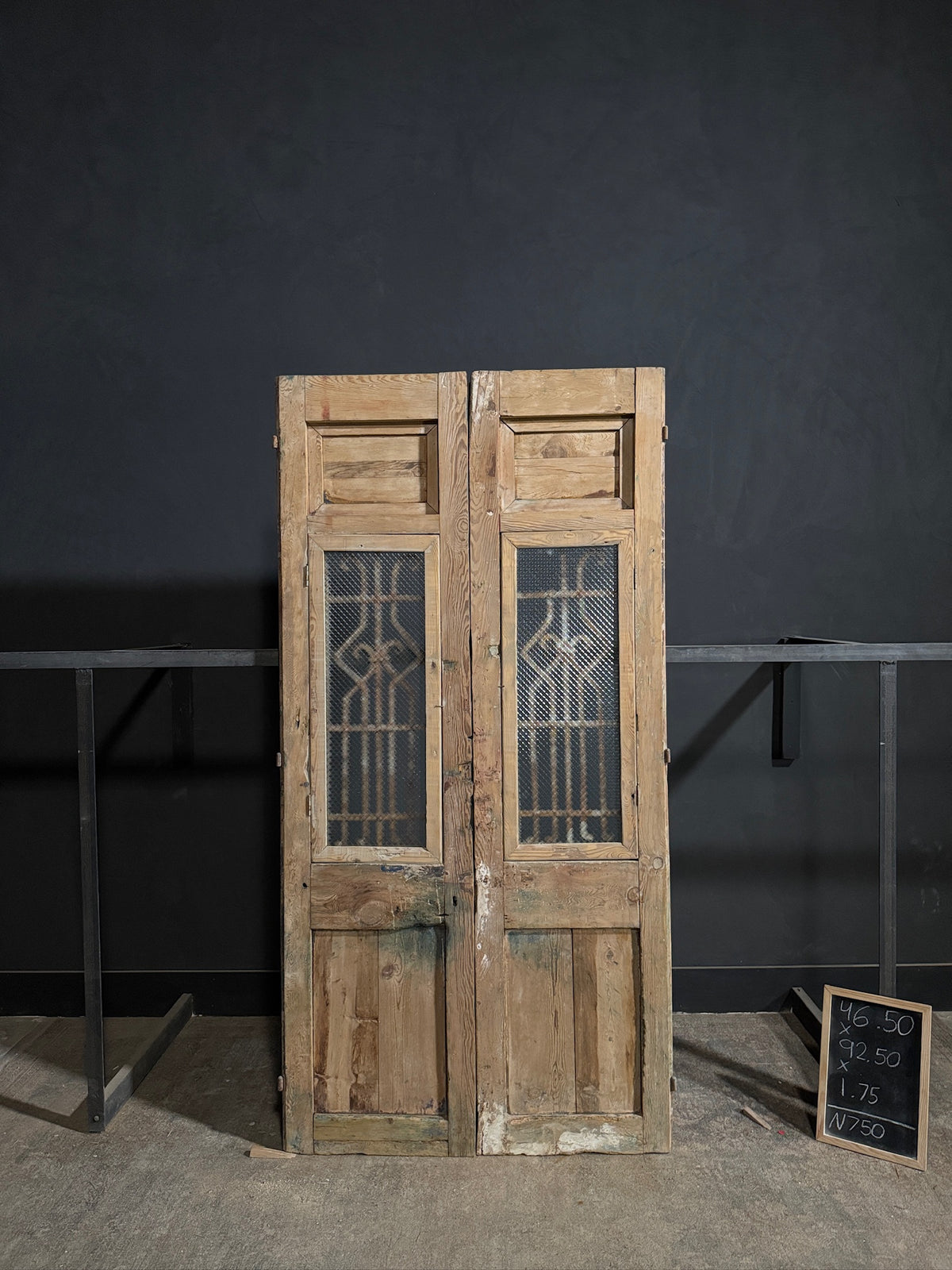Antique Architectural Scrolled Iron Glass Double Doors - 46.5x92.5 - N750