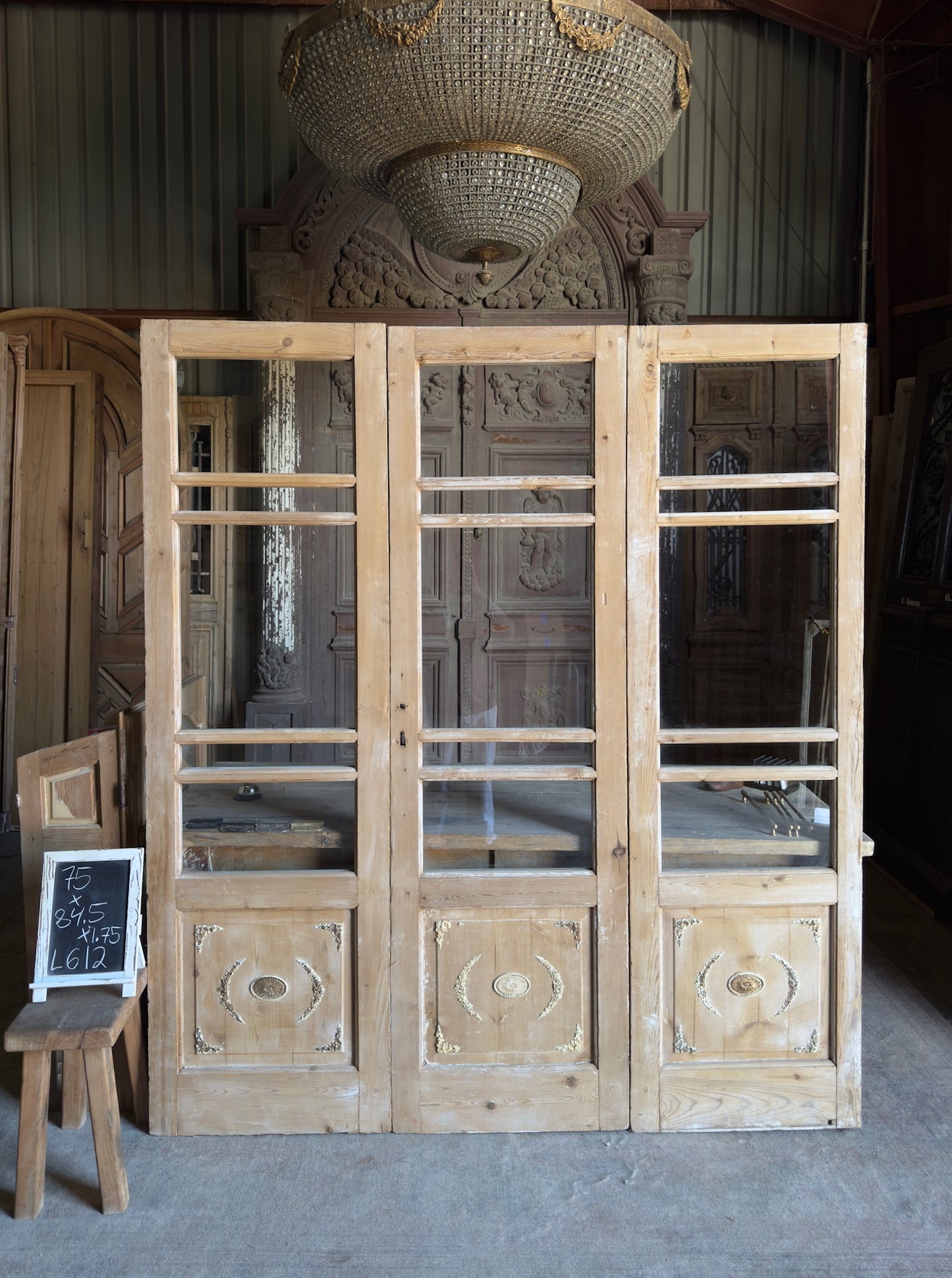 Antique Carved 12 Lite French Doors - 84.5x75 - L612