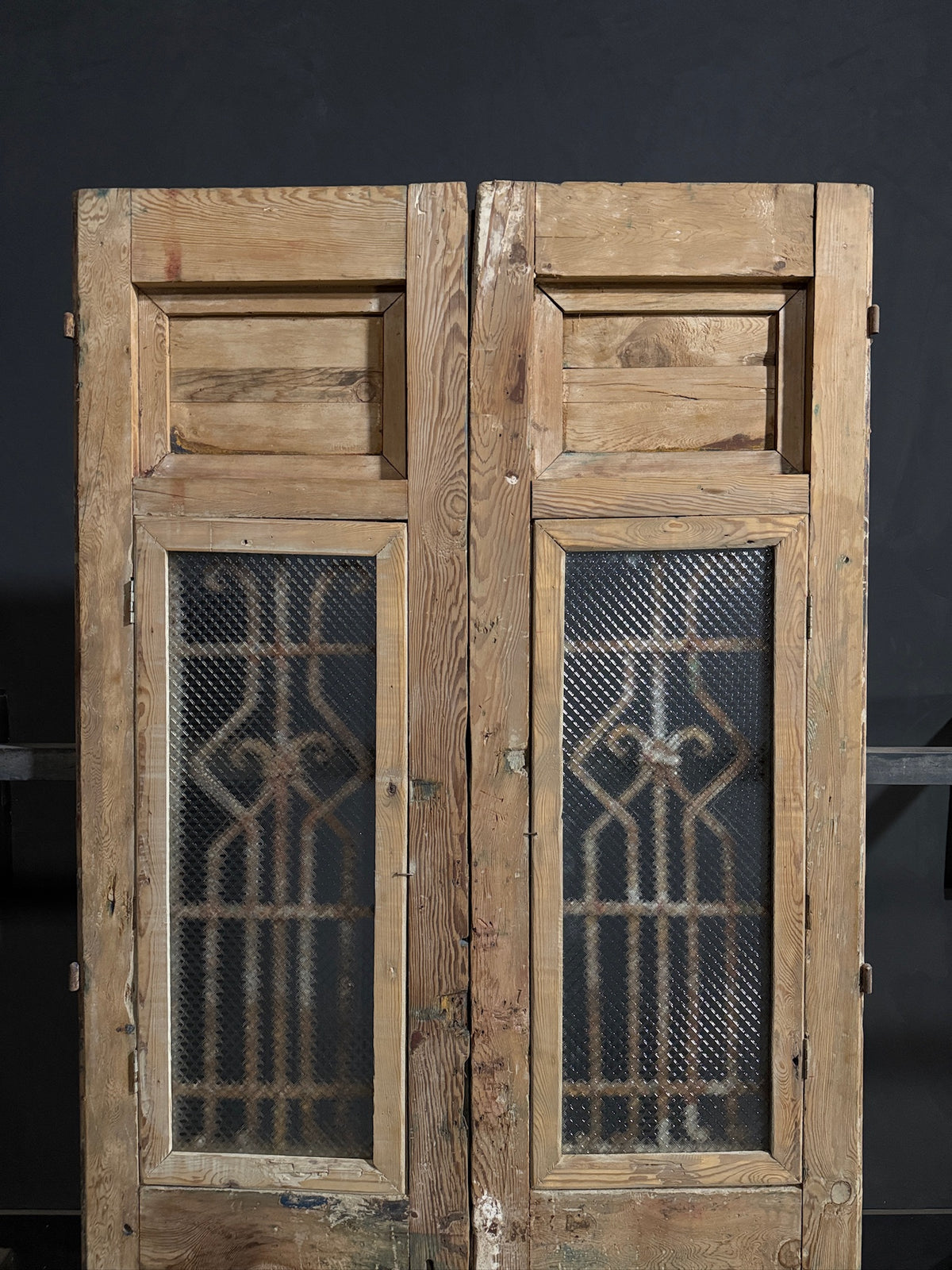 Antique Architectural Scrolled Iron Glass Double Doors - 46.5x92.5 - N750