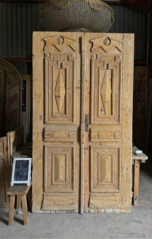 Antique Carved 6 Panel Double Doors - 56.5x100.25 - L528
