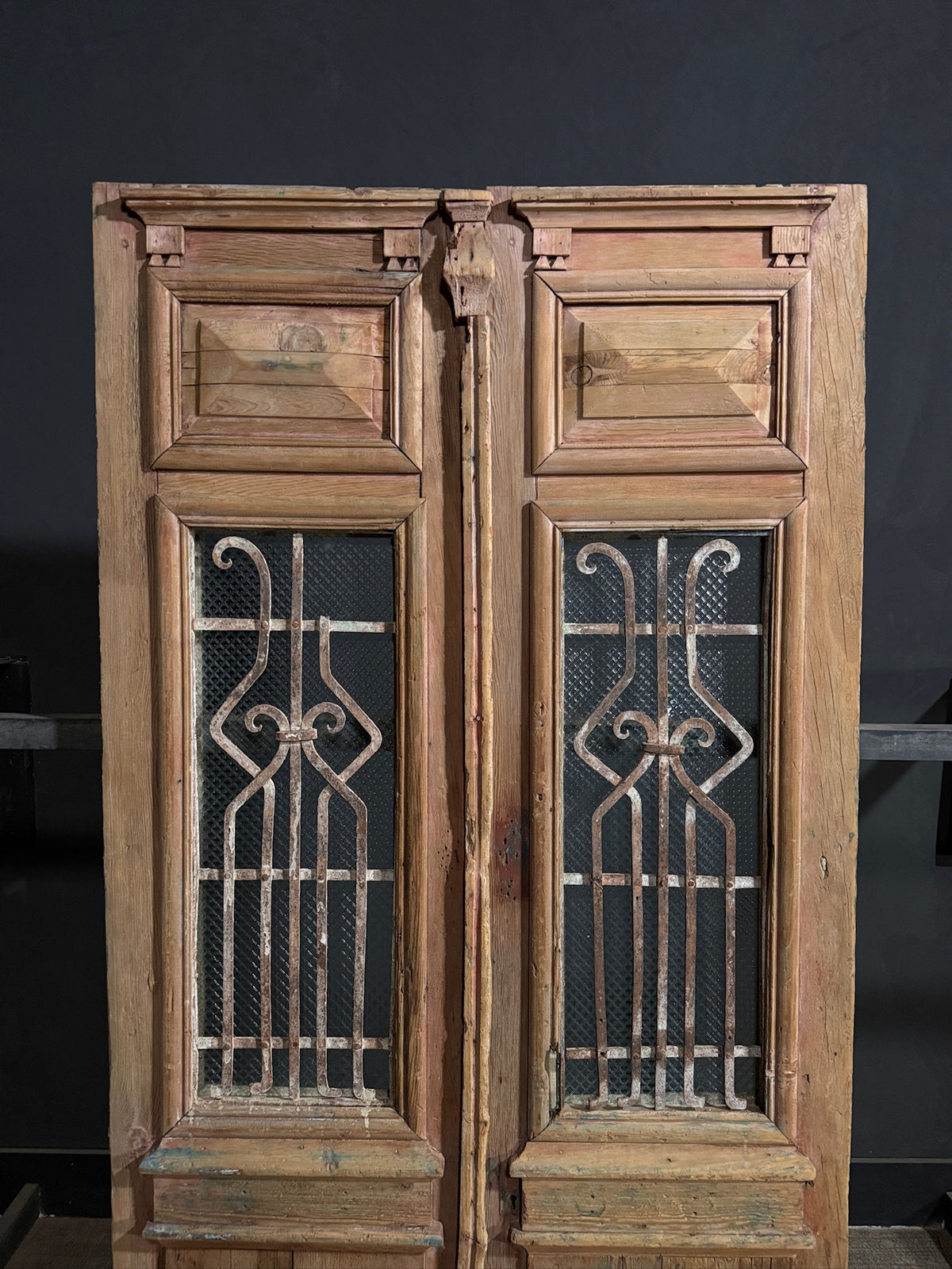 Antique Architectural Scrolled Iron Glass Double Doors - 46.5x92.5 - N750