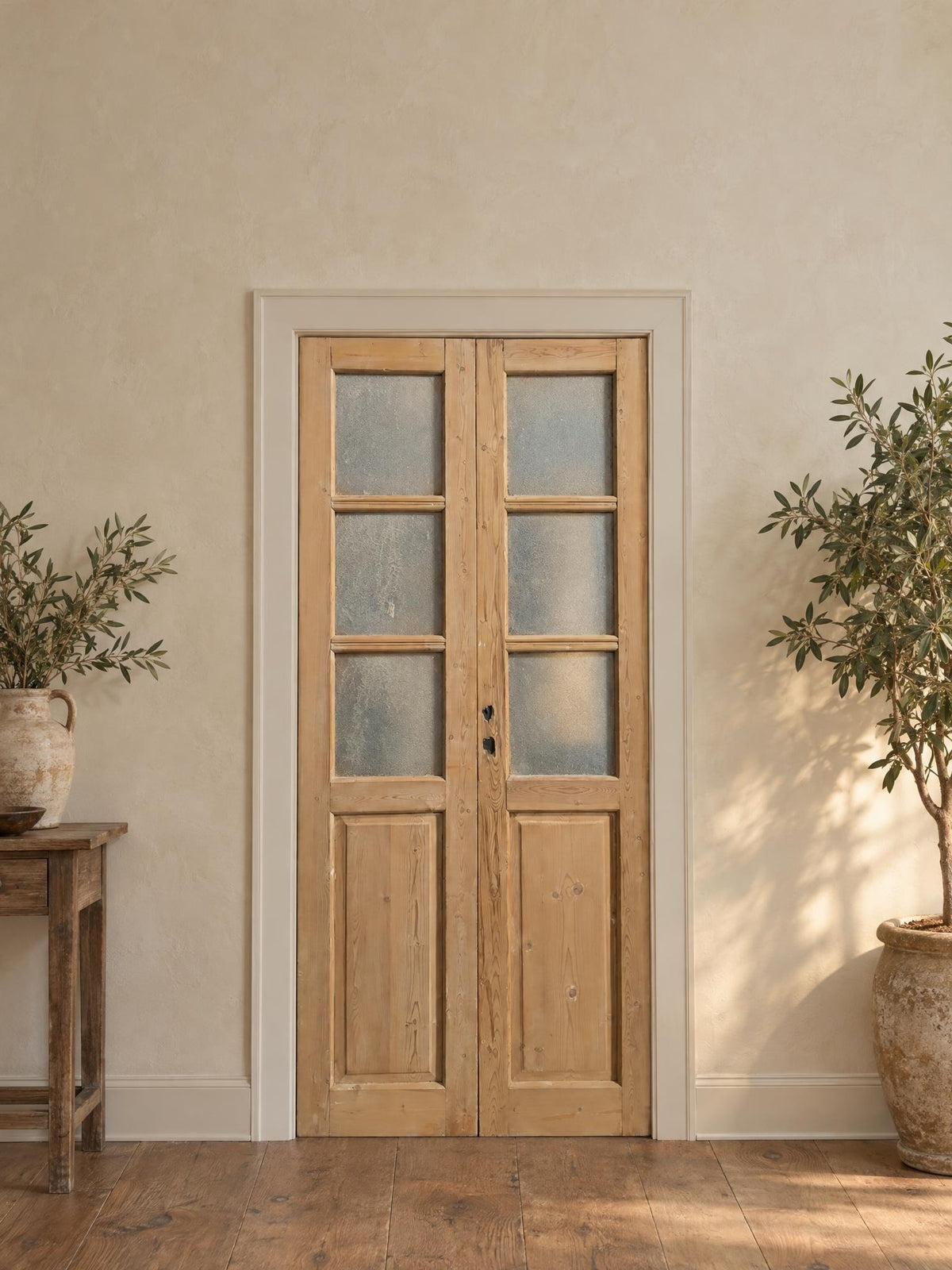 Antique Raised Panel Textured Glass French Doors - 38x85.5 - N785 shown installed in a room (digital preview)