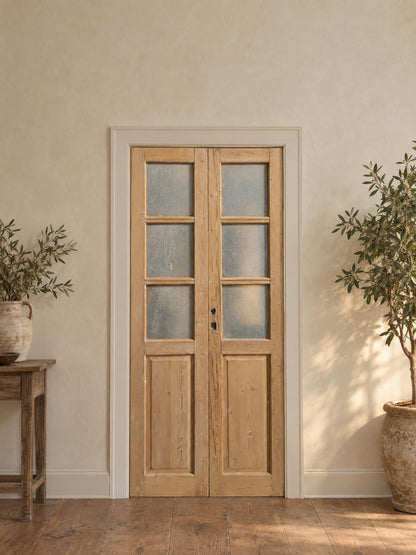 Antique Raised Panel Textured Glass French Doors - 38x85.5 - N785 shown installed in a room (digital preview)