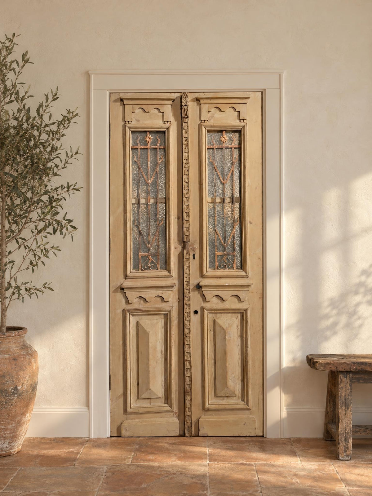 Antique Architectural Iron Grille Textured Glass Double Doors - 42x93 - N786 shown installed in a room (digital preview)