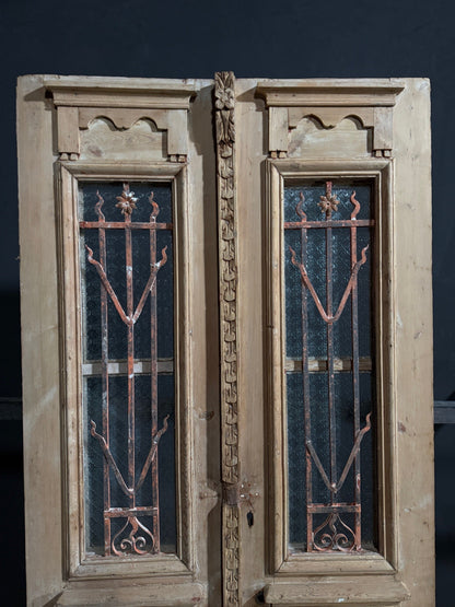 Antique Architectural Iron Grille Textured Glass Double Doors - 42x93 - N786