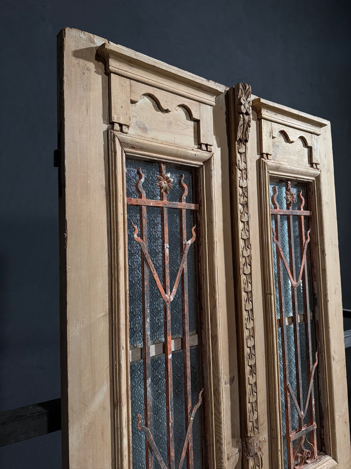 Antique Architectural Iron Grille Textured Glass Double Doors - 42x93 - N786