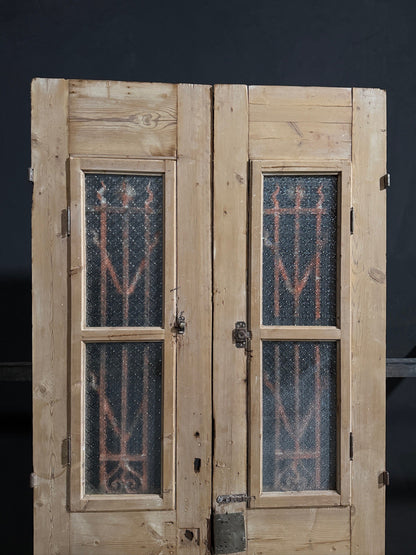 Antique Architectural Iron Grille Textured Glass Double Doors - 42x93 - N786