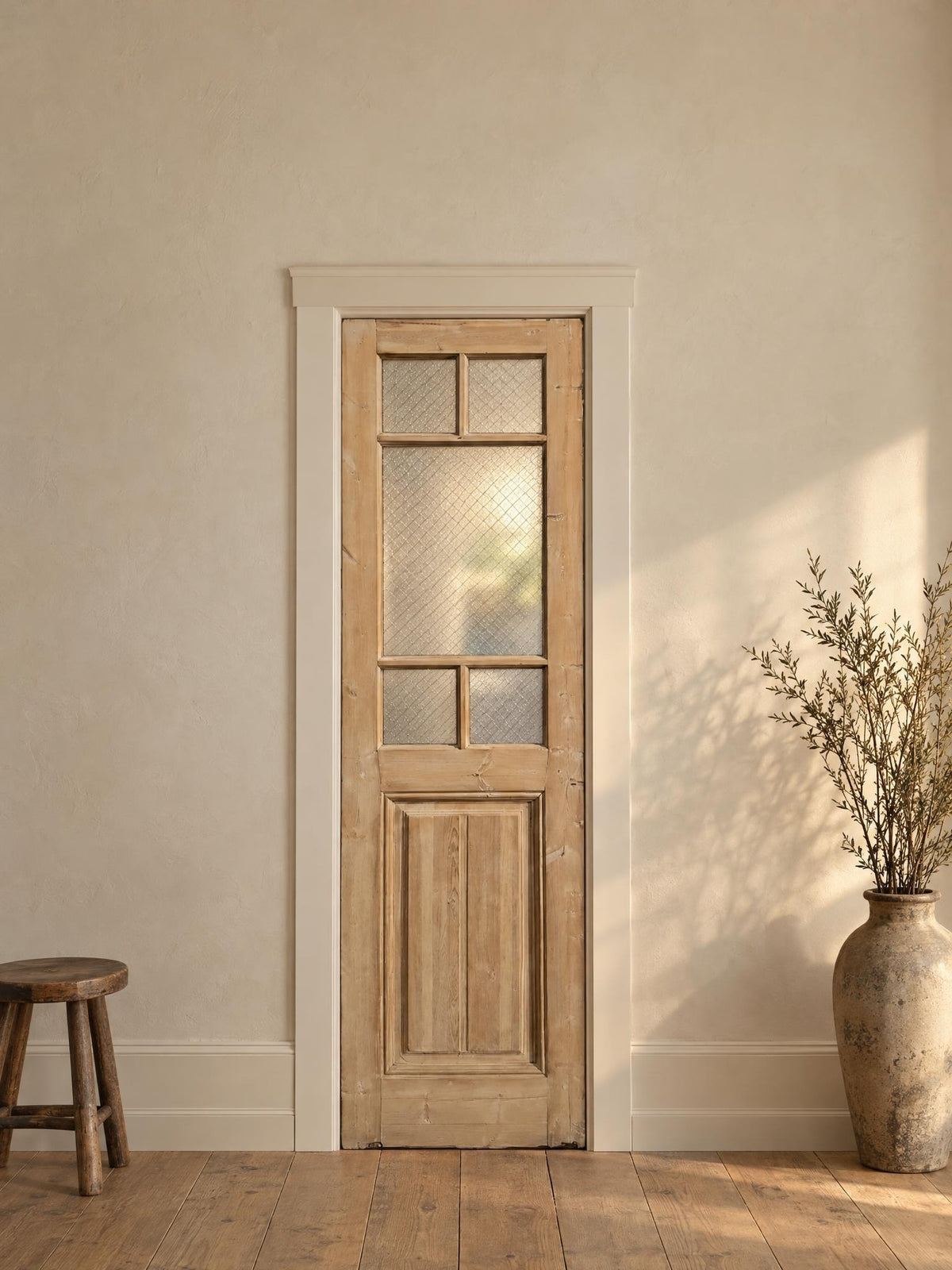 Antique Textured Glass Raised Panel Pantry Door - 25.5x86 - N787 shown installed in a room (digital preview)
