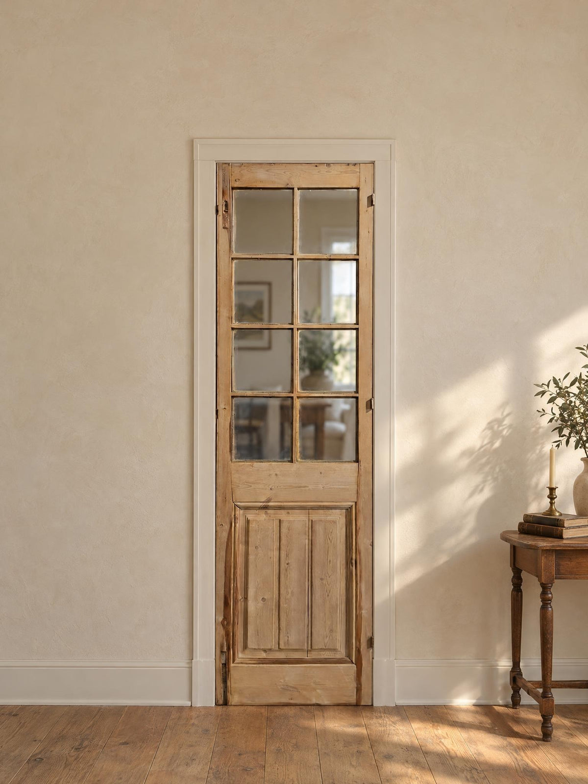 Antique Raised Panel Glass Pantry Door - 25.5x89 - N791 shown installed in a room (digital preview)